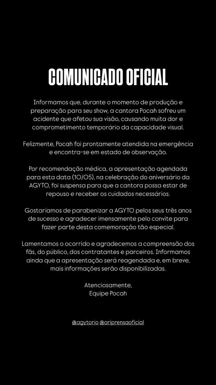 Comunicado publicado no perfil da cantora Pocah • Instagram/Pocah