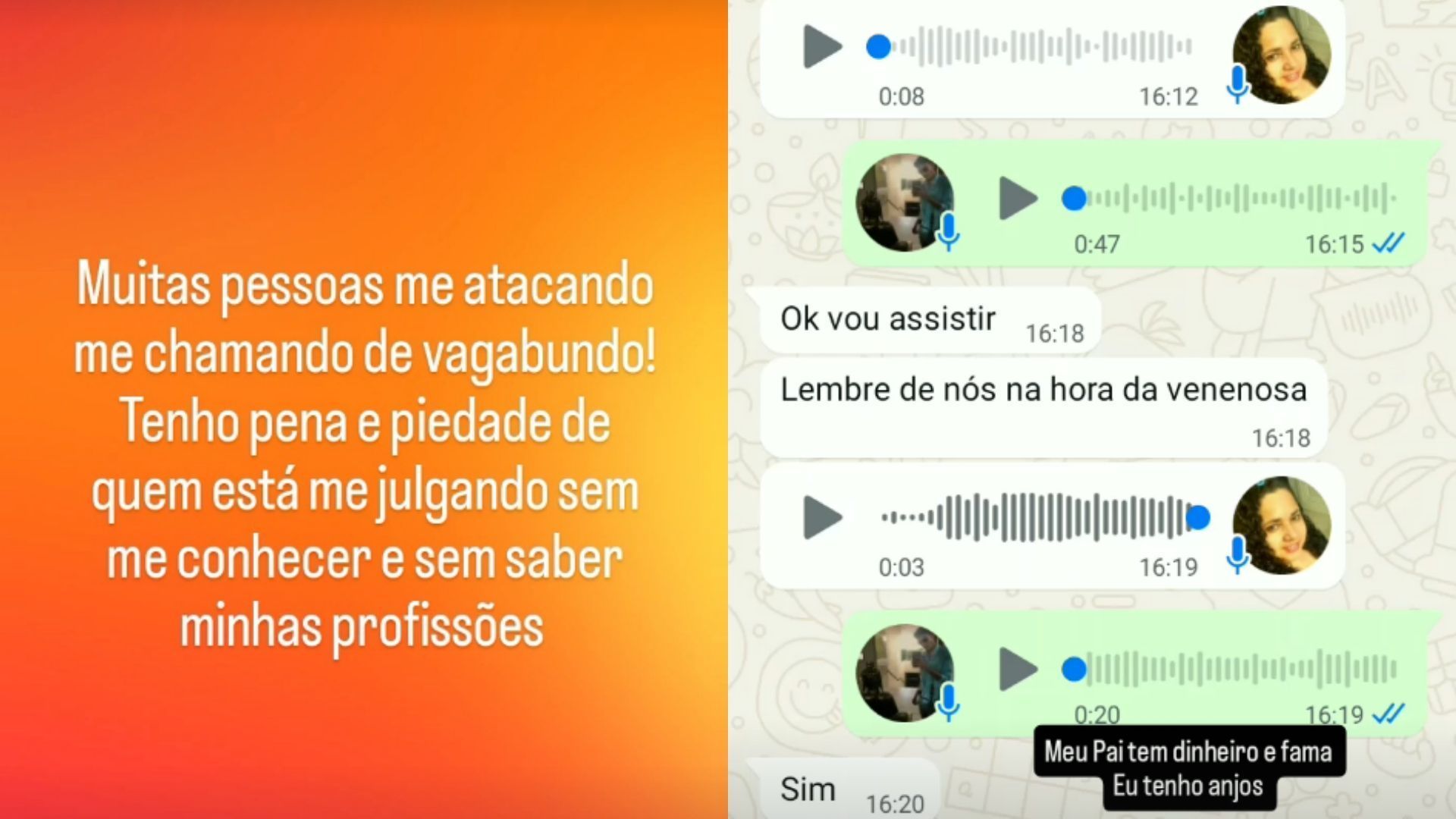Namentti publicou imagens em seu perfil do Instagram onde desabafa sobre acusações feitas por seu pai • Instagram/Namentti