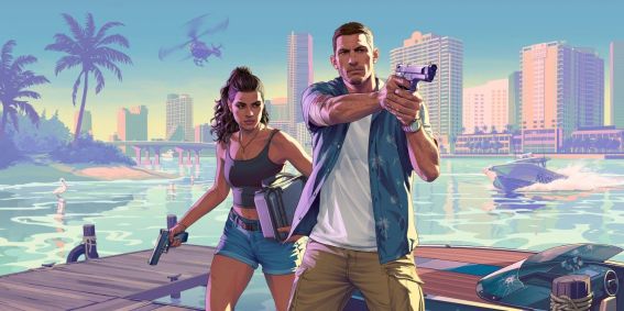A ilustração apresenta os personagens Jason e Lucia, de GTA VI.