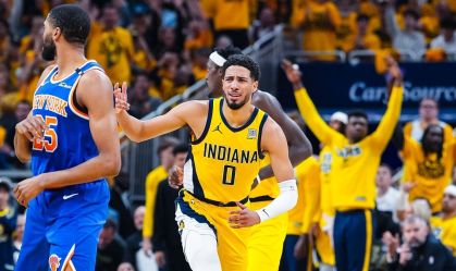 Haliburton comemora durante partida Pacers x Knicks