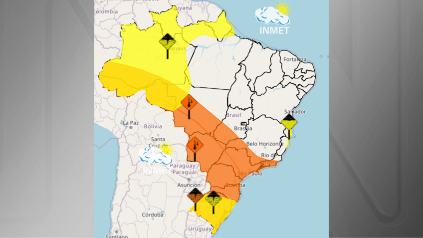Imagem mostra alerta em laranja para baixas temperaturas em toda a região sul e outros estados • Reprodução/Inmet