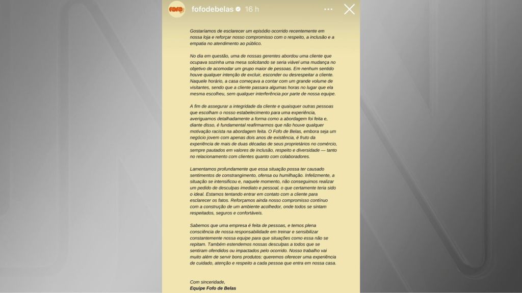 Nota divulgada pela padaria após acusação de racismo