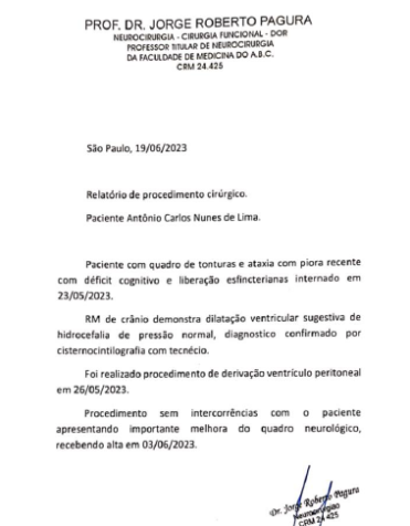 Laudo do Doutor Jorge Roberto Pagura, que formaliza o déficit cognitivo do Coronel Nunes • Foto: Reprodução