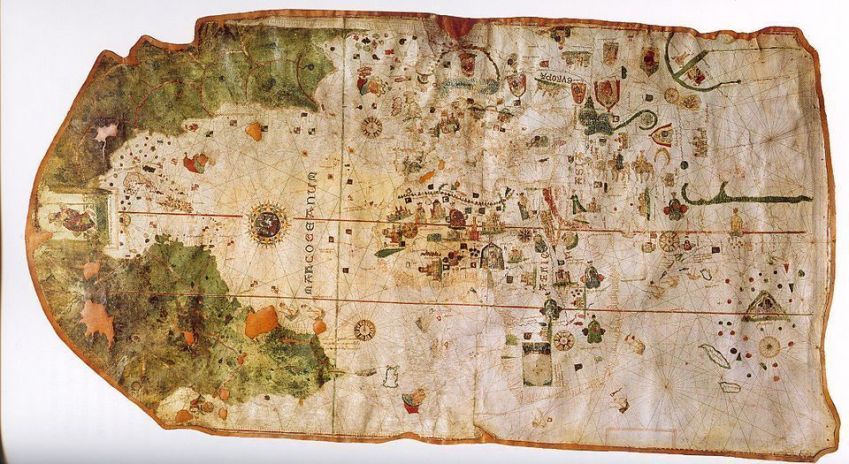 Mapa de Juan de la Cosa: à esquerda, na cor verde, o Novo Mundo; no centro e à direita, na cor branca, o Velho Mundo. Divulgação