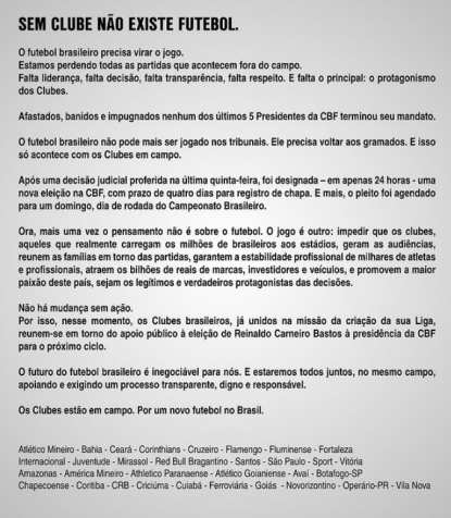 Nota de clubes com apoio à candidatura de Reinaldo Carneiro Bastos • Reprodução / Redes Sociais