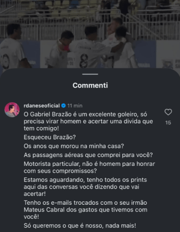 Regis Danese cobra goleiro do Santos • Reprodução / Redes Sociais