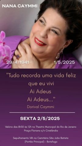 Aviso do velório e sepultamento de Nana Caymmi. • Reprodução