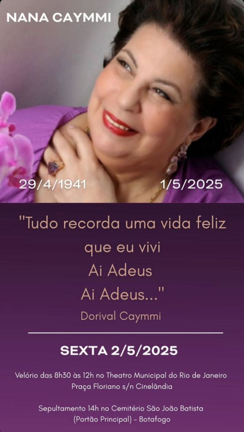 Aviso do velório e sepultamento de Nana Caymmi. • Reprodução