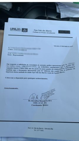 Atestado supostamente falso que teria sido emitido por UPA de Salvador • Reprodução