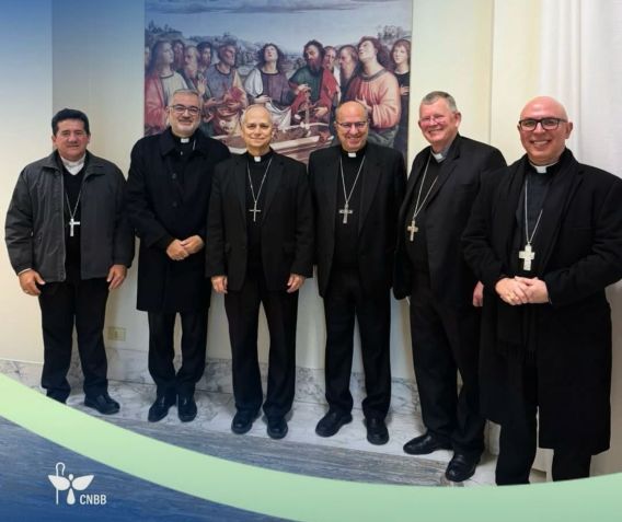 Bispos brasileiros com o novo Papa, em fevereiro, no Vaticano • CNBB