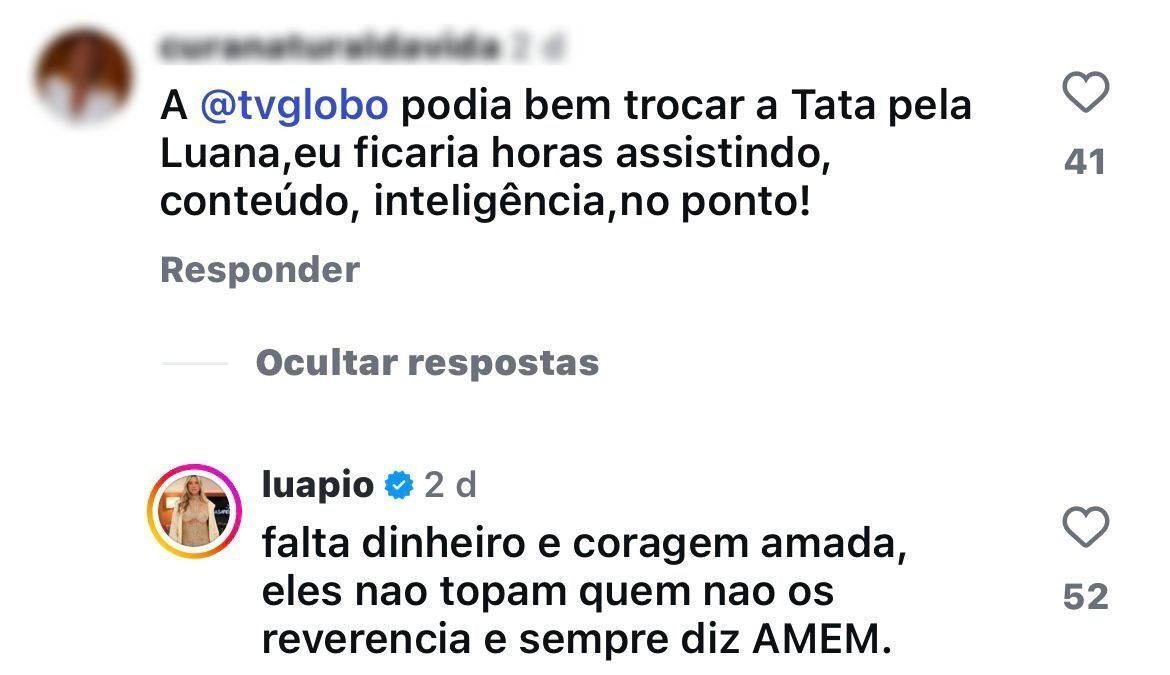 Luana Piovani reagiu à sugestão de substituir Tatá Werneck • Instagram/Luana Piovani
