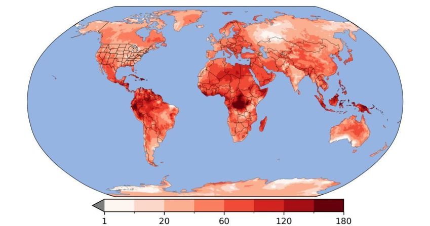 Número de dias de calor extremo entre maio de 2024 e maio de 2025 • Climate Central, World Weather Attribution e Cruz Vermelha Internacional