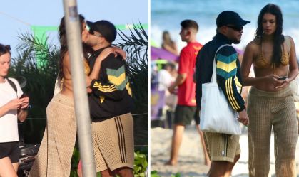 Francisco Gil e ex-BBB Alane trocam beijos em praia no Rio; veja