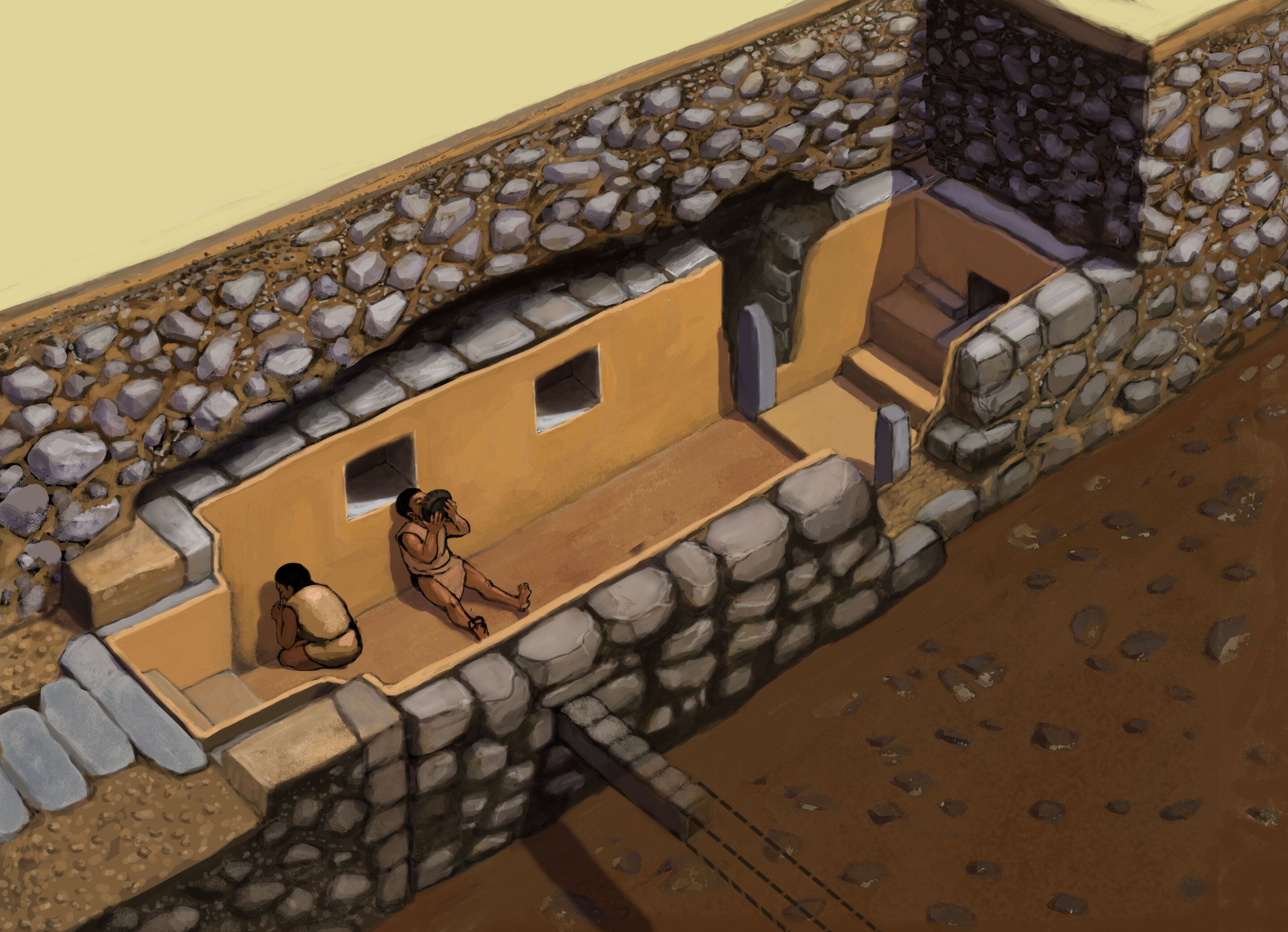 A ilustração mostra como é a sala encontrado no sítio arqueológico de Chavin.