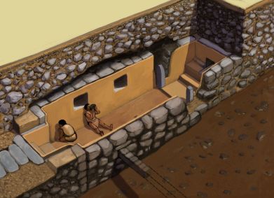 A ilustração mostra como é a sala encontrado no sítio arqueológico de Chavin.