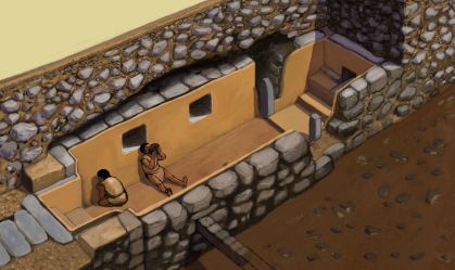 A ilustração mostra como é a sala encontrado no sítio arqueológico de Chavin.