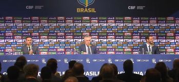 Apresentação de Carlo Ancelotti na CBF com Rodrigo Caetano e Samir Xaud