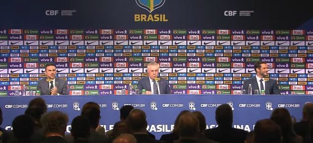Apresentação de Carlo Ancelotti na CBF com Rodrigo Caetano e Samir Xaud