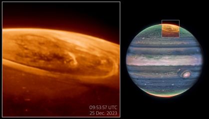 Estas observações das auroras de Júpiter (mostradas à esquerda da imagem acima) em 3,36 mícrons (F335M) foram capturadas com a NIRCam (Câmera de Infravermelho Próximo) do Telescópio Espacial James Webb da NASA em 25 de dezembro de 2023