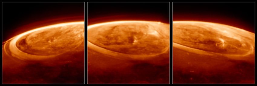 O Telescópio Espacial James Webb da Nasa capturou novos detalhes das auroras no maior planeta do nosso sistema solar; as luzes dançantes observadas em Júpiter são centenas de vezes mais brilhantes do que as vistas na Terra. • Nasa, ESA, CSA, STScI, Ricardo Hueso (UPV), Imke de Pater (UC Berkeley), Thierry Fouchet (Observatory of Paris), Leigh Fletcher (University of Leicester), Michael H. Wong (UC Berkeley), Joseph DePasquale (STScI), Jonathan Nichols (University of Leicester), Mahdi Zamani (ESA/Webb)