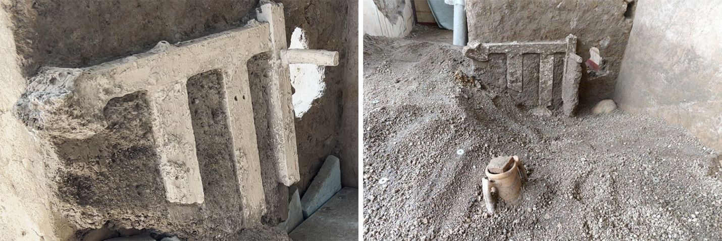 Arqueólogos fizeram um molde de gesso de uma estrutura de cama que foi empurrada contra uma porta pelos moradores da casa • Archaeological Park of Pompeii