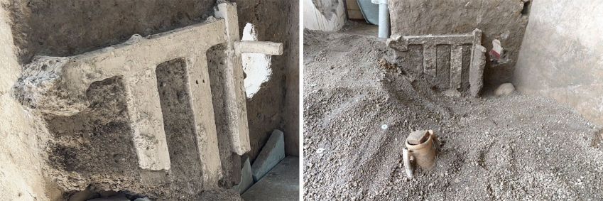 Arqueólogos fizeram um molde de gesso de uma estrutura de cama que foi empurrada contra uma porta pelos moradores da casa • Archaeological Park of Pompeii