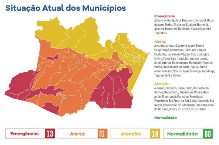 Cidades afetadas pelas cheias dos rios no Amazonas • Reprodução/Governo do AM