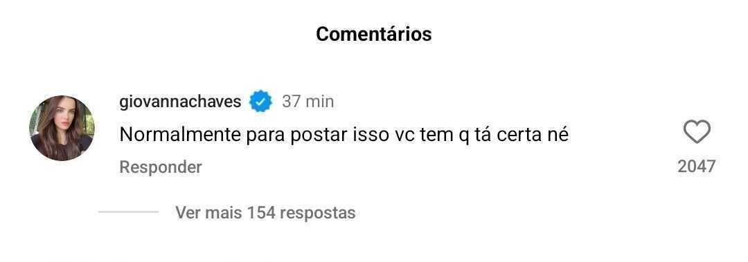 Giovanna Chaves se manifestou após ver vídeo de apoio de Júlia Gomes • Instagram