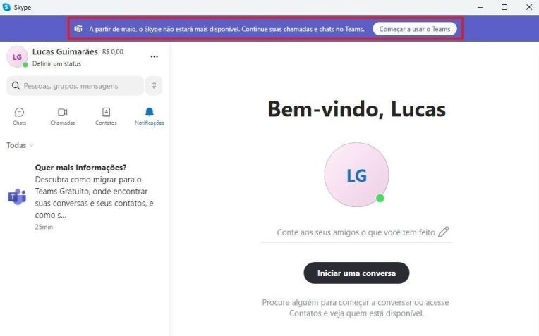Na página inicial do aplicativo, um aviso informa: “A partir de maio, o Skype não estará mais disponível.” • Créditos: Microsoft