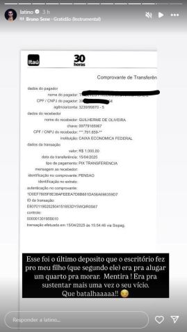 Latino mostra comprovante bancário de ajuda enviada ao filho • Instagram/Latino