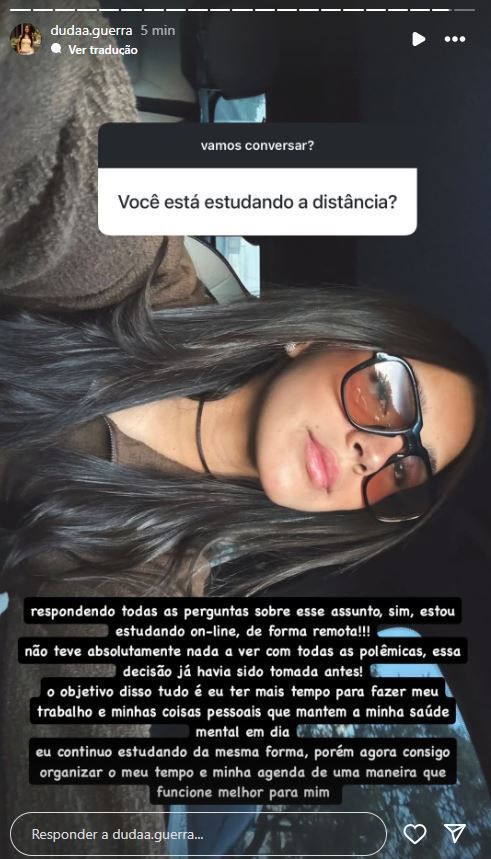 Duda Guerra revelou o motivo de ter decidido estudar a distância • Instagram/Duda Guerra