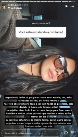 Duda Guerra revelou o motivo de ter decidido estudar a distância • Instagram/Duda Guerra