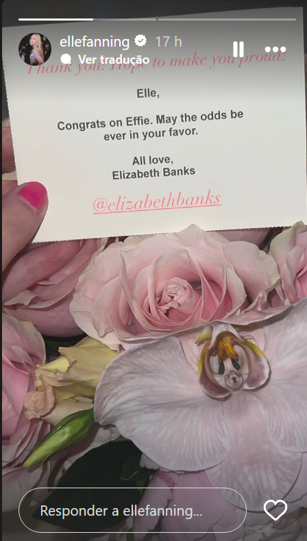 Elle Fanning mostra buquê de flores recebido por Elizabeth Banks • Instagram/ Elle Fanning