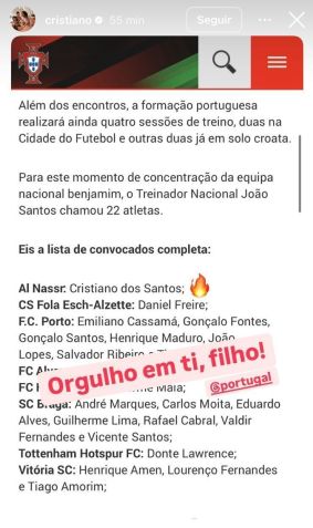 Cristiano ronaldo celebra convocação de filho para seleção portuguesa sub-15 • Reprodução