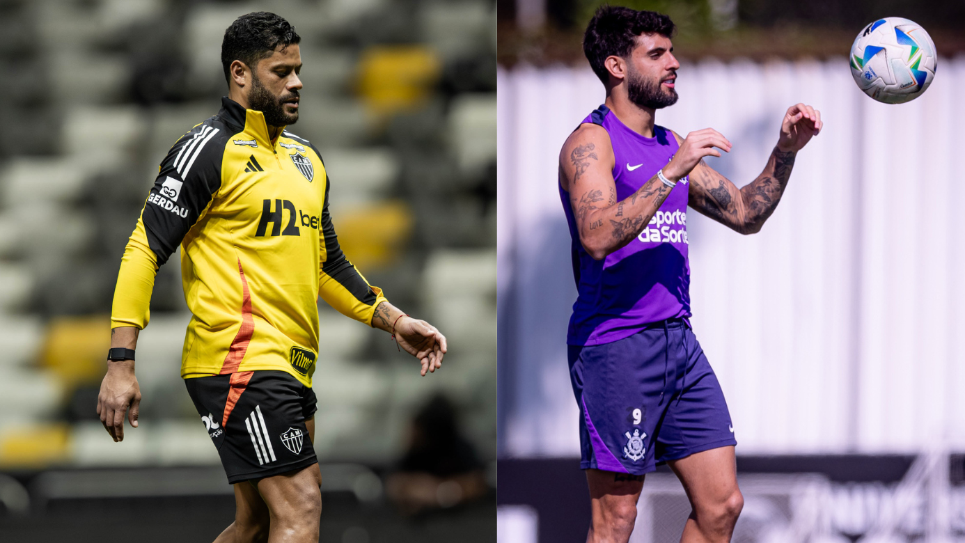Hulk e Yuri Alberto em treinos do Atlético-MG e Corinthians