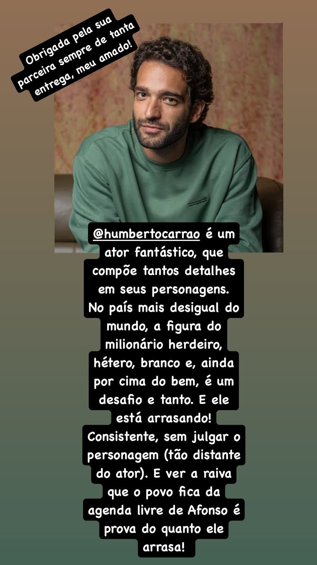 Manuela Dias exalta trabalho de Humberto Carrão em "Vale Tudo" • Instagram/Manuela Dias
