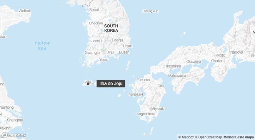 Ilha de Jeju fica localizada ao sul da Coreia do Sul • Reprodução/Mapbox