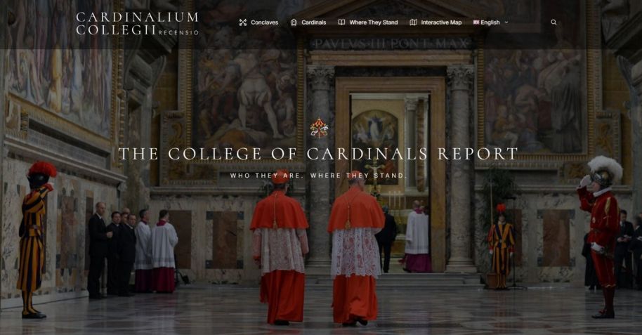 Tela inicial do site que compila informações dos cardeais participantes do conclave. • Reprodução/The College of Cardinals Report