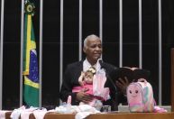 Deputado discursa na tribuna da Câmara com bebê reborn no colo