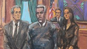 Desenho ilustra o testemunho de um stripper de Nova York que viu Sean &quot;Diddy&quot; Combs agarrar e arrastar a então namorada em um hotel em Nova York, testemunha stripper masculino