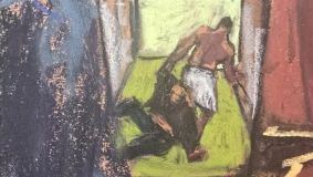Desenho ilustra o testemunho de um stripper de Nova York que viu Sean &quot;Diddy&quot; Combs agarrar e arrastar a então namorada em um hotel em Nova York, testemunha stripper masculino