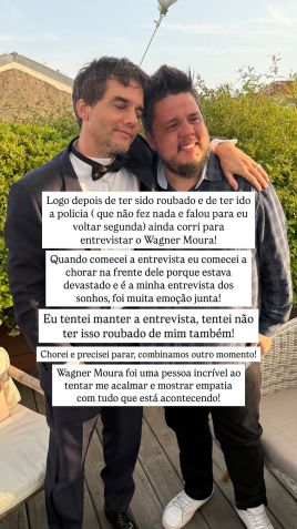 Leonardo Paiva publicou uma foto contando sobre o encontro com Wagner Moura após furto • Reprodução/Instagram
