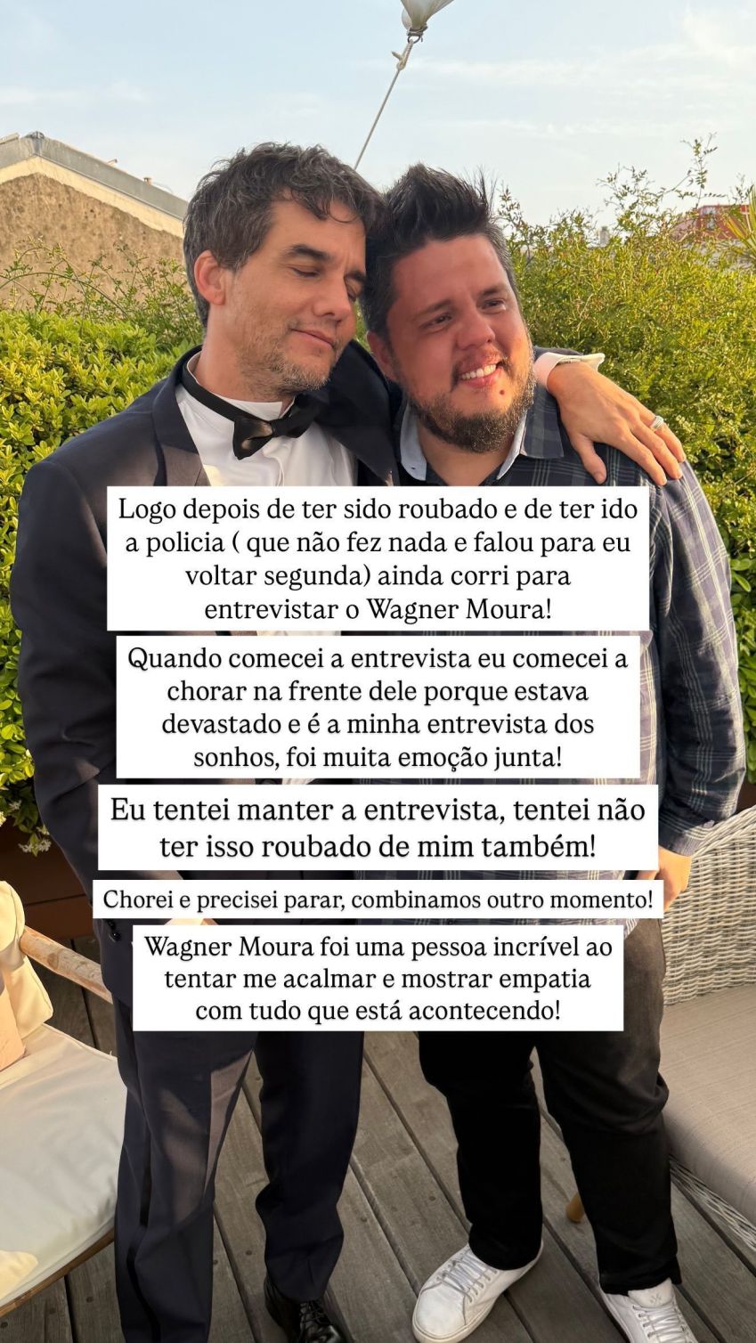 Leonardo Paiva publicou uma foto contando sobre o encontro com Wagner Moura após furto • Reprodução/Instagram