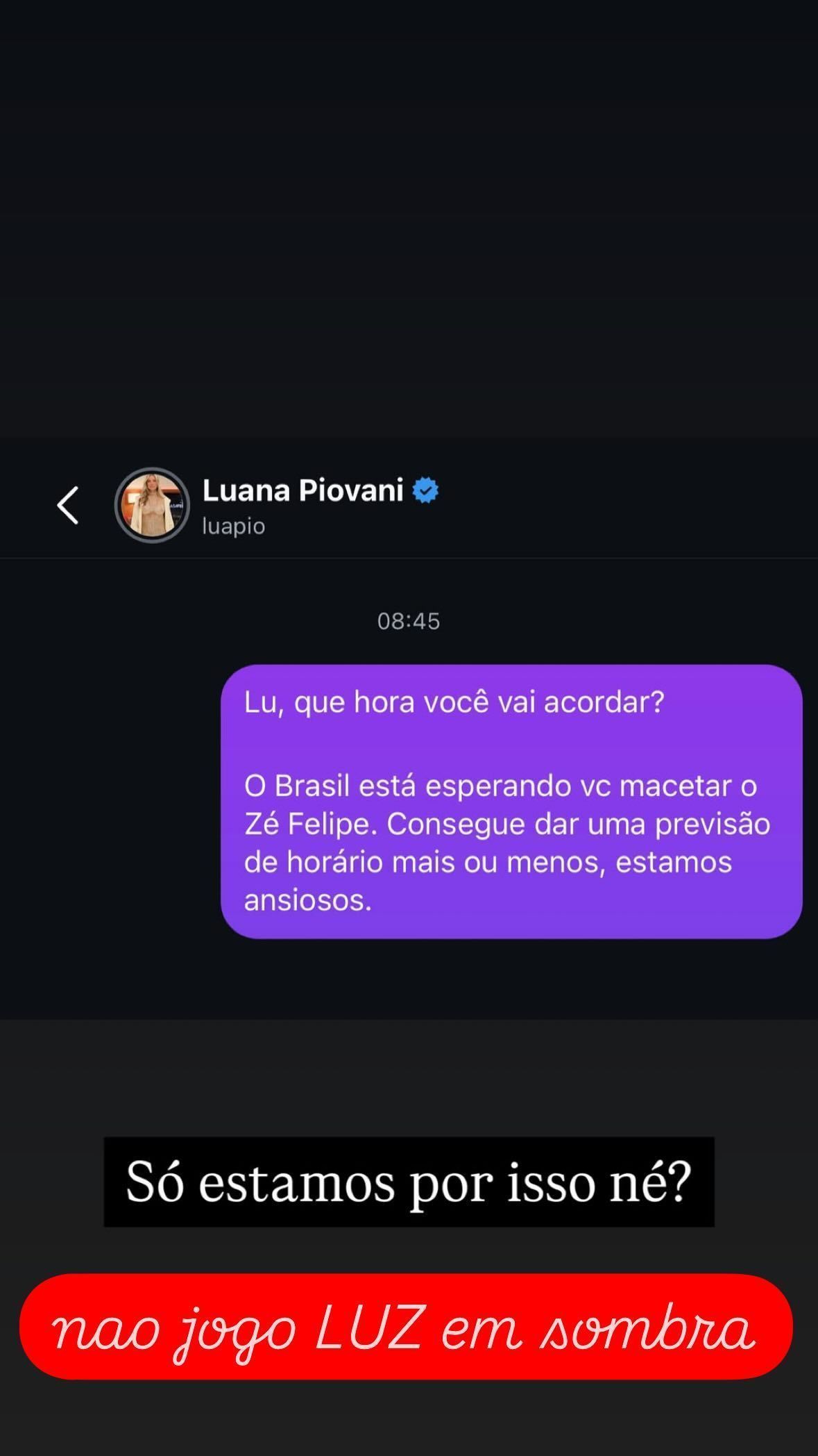 Luana Piovani reage a comentário de seguidor sobre xingamento de Zé Felipe • Instagram/Luana Piovani