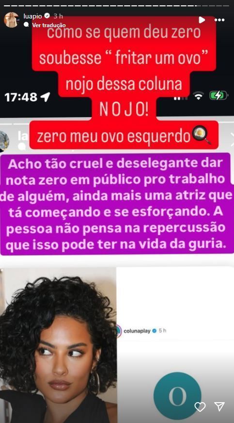 Luana Piovani criticou avaliação de nota zero para a atriz Bella Campos • Instagram/Luana Piovani