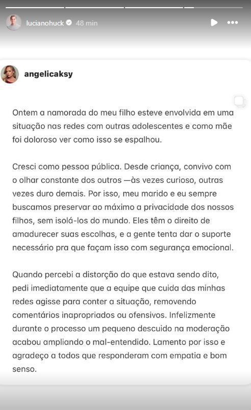 Luciano Huck compartilhou o pronunciamento de Angélica em seu story • Instagram/Luciano Huck