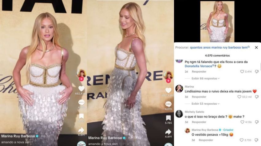 Marina Ruy Barbosa chamou atenção após aparecer com o ombro roxo ao usar vestido com mais de 15 kg • TikTok/Marina Ruy Barbosa