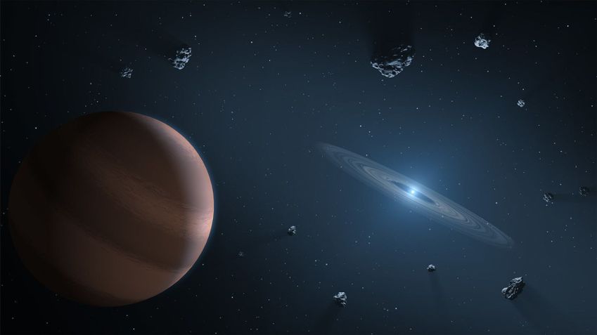 Conceito artístico de um exoplaneta e disco de detritos orbitando uma anã branca poluída • NASA/JPL-Caltech