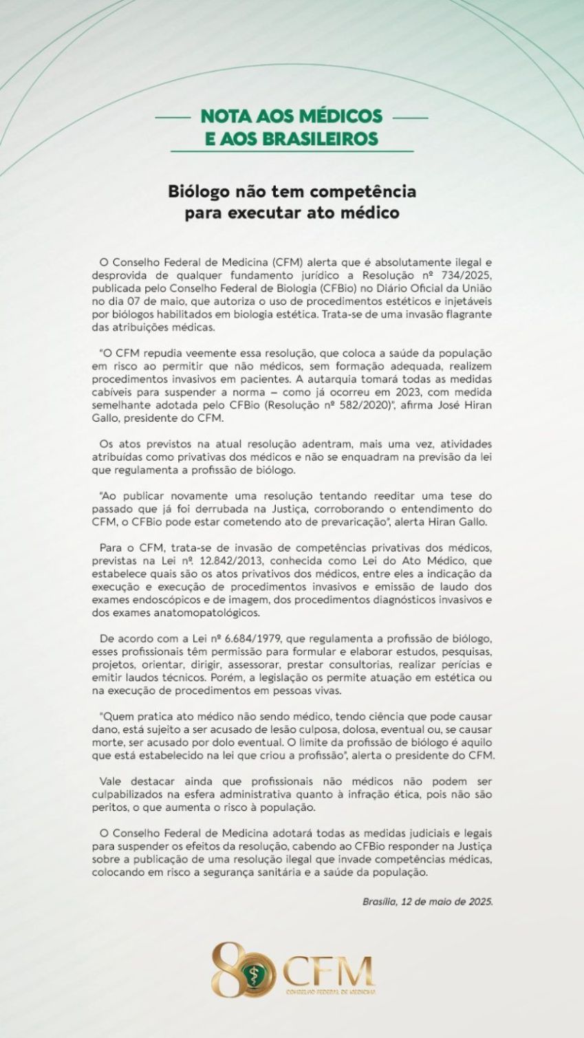 Nota do Conselho Federal de Medicina (CFM) repudia norma do Conselho Federal de Biologia (CFBio) • CFM/Reprodução