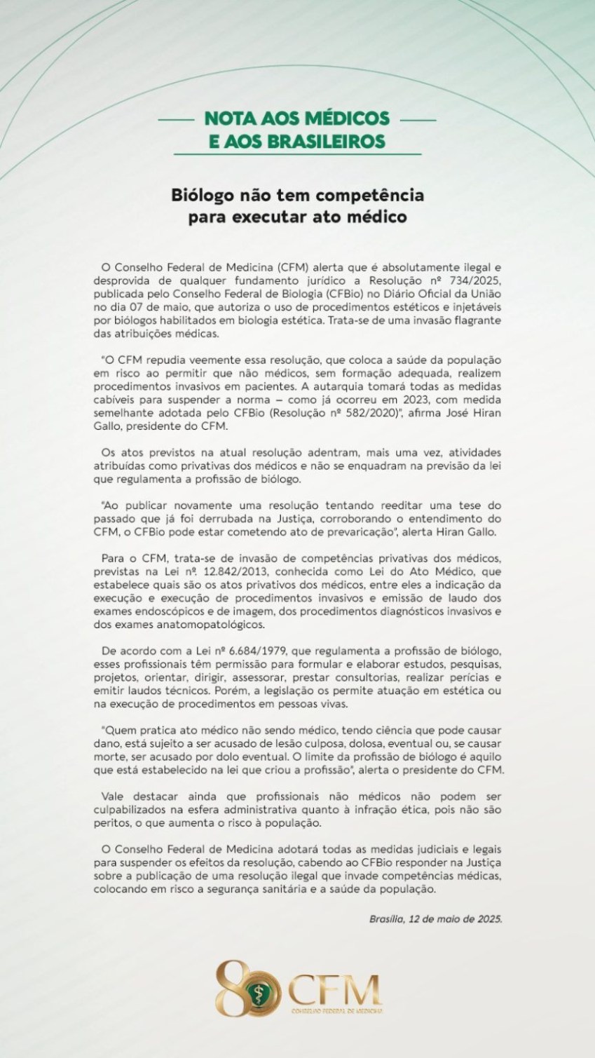 Nota do Conselho Federal de Medicina (CFM) repudia norma do Conselho Federal de Biologia (CFBio) • CFM/Reprodução